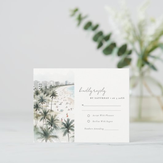 Coastal Miami Beach Palm Tree Waterverf Bruiloft RSVP Kaartje (Staand voorkant)