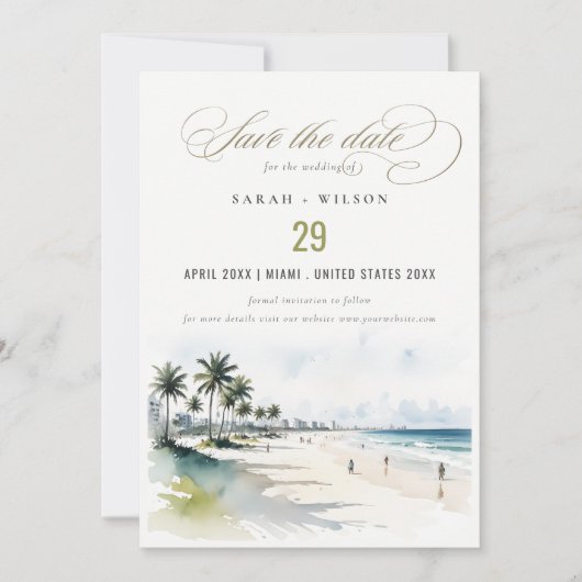 Coastal Miami Beach Palm Tree Waterverf Bruiloft Save The Date (Voorkant)