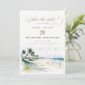 Coastal Miami Beach Palm Tree Waterverf Bruiloft Save The Date (Staand voorkant)