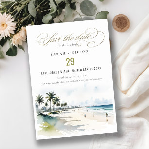 Coastal Miami Beach Palm Tree Waterverf Bruiloft Save The Date
