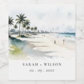 Coastal Miami Beach Palm Tree Waterverf Bruiloft Wijn Etiket (Enkel label)