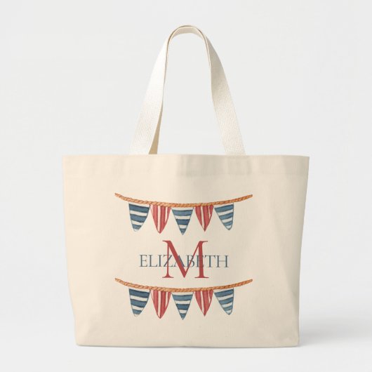 Coastal Nautical Beach Flags Monogram Grote Tote Bag (Voorkant)