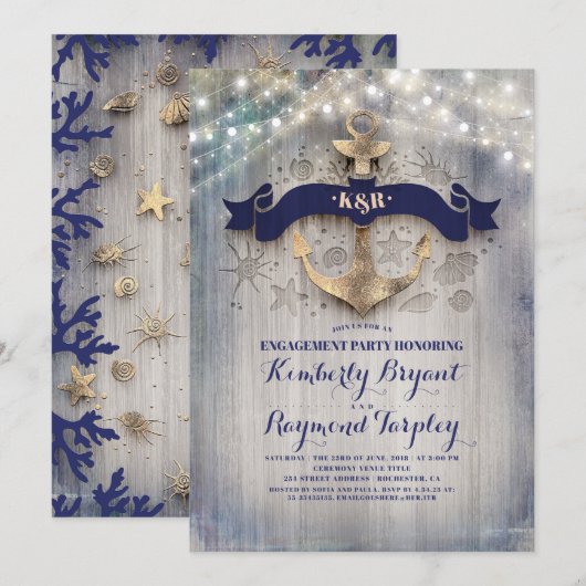 Coastal Nautical Rustic Anker Engagement Party Kaart (Voorkant / Achterkant)