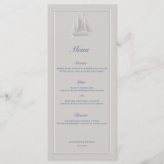 Coastal Nautical Sailboat Elegant Formal Wedding Menu (Voorkant)