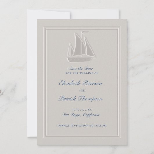 Coastal Nautical Sailboat Ivory Formal Wedding Save The Date (Voorkant)