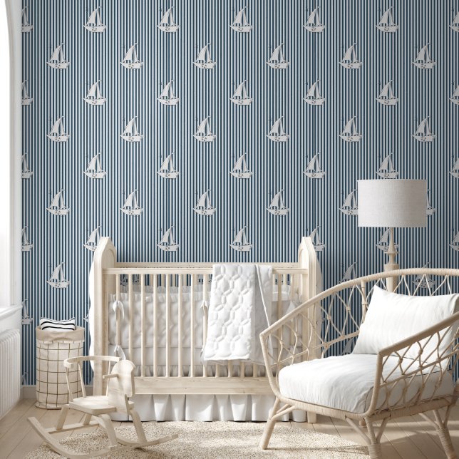 Coastal Nautical Sailboats on Preppy Blue Stripes Behang (Kinderen)