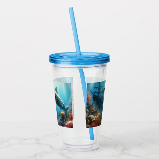 Coastal/nautical tiger shark & coral reef acryl drinkbeker (Links)