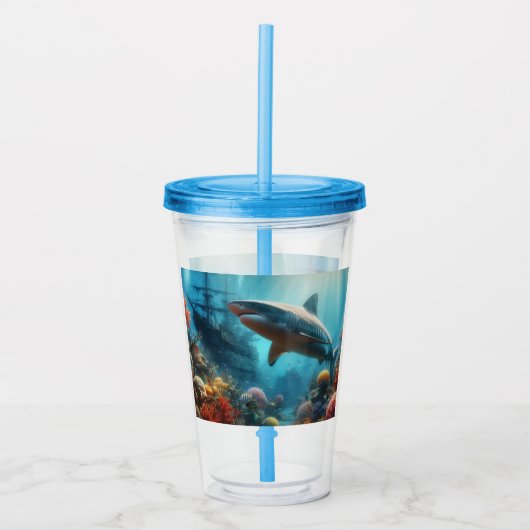 Coastal/nautical tiger shark & coral reef acryl drinkbeker (Voorkant)