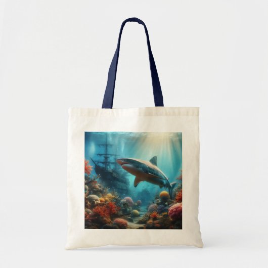 Coastal/nautical tiger shark & coral reef tote bag (Voorkant)