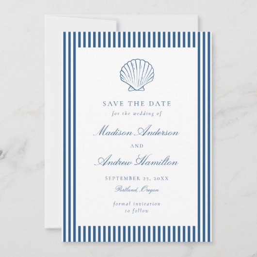 Coastal Navy Stripe Shell Wedding Save the Date (Voorkant)