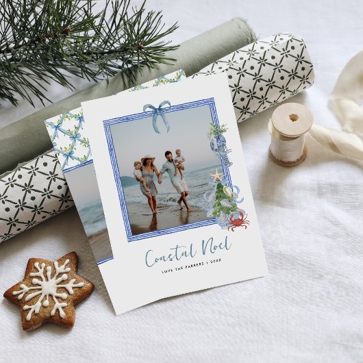 Coastal Noel | Elegant Coastal Christmas Photo Feestdagenkaart