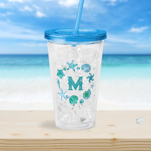 Coastal Ocean Blue Seashells en Starfish Monogram Acryl Drinkbeker