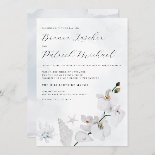 Coastal Orchid Elegant Strand Wedding Kaart (Voorkant / Achterkant)