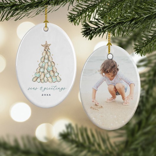 Coastal Oyster Shell Christmas Photo Keramisch Ornament