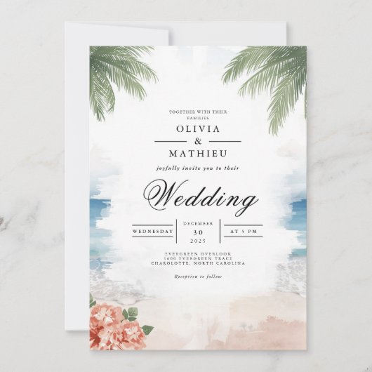 Coastal Palm Breeze Beach Wedding Kaart (Voorkant)