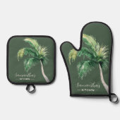Coastal Palm Tree aquarel script gepersonaliseerd Ovenwant & Pannenlap Set (Voorkant)