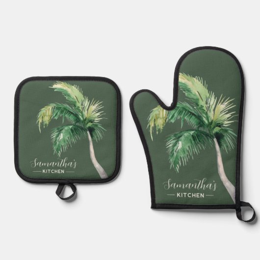 Coastal Palm Tree aquarel script gepersonaliseerd Ovenwant & Pannenlap Set (Voorkant)