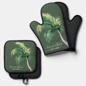 Coastal Palm Tree aquarel script gepersonaliseerd Ovenwant & Pannenlap Set (Voorkant / Achterkant)