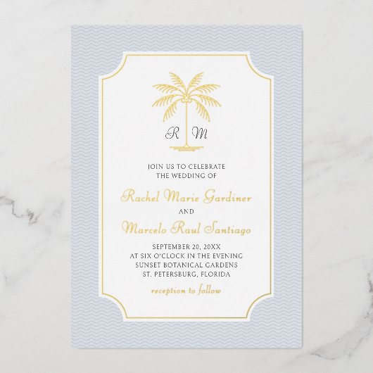 Coastal Palm Tree Minimalist Preppy Wedding Folie Uitnodiging (Voorkant)