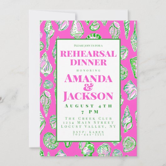 Coastal Pink Seashell Repetitie Diner Uitnodiging (Voorkant)