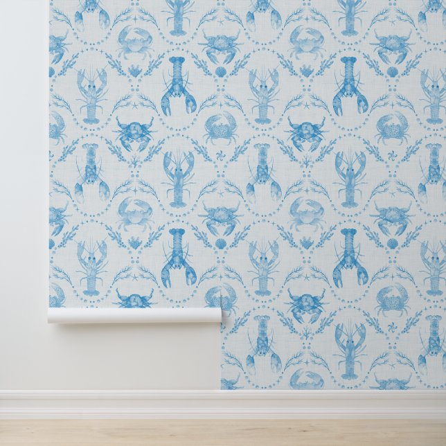 Coastal Preppy Lobster and Crabs in Light Blue Behang (Applicatie)