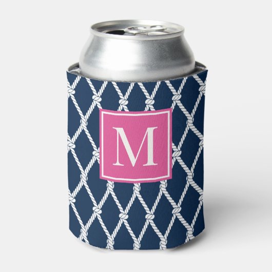 Coastal Preppy Nautical Monogram - Navy & Hot Pink Blikjeskoeler (Blikje Voorkant)
