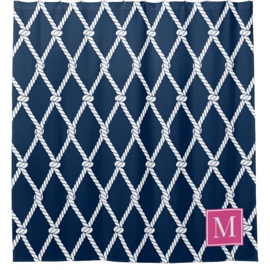 Coastal Preppy Nautical Monogram - Navy & Hot Pink Douchegordijn (Voorkant)