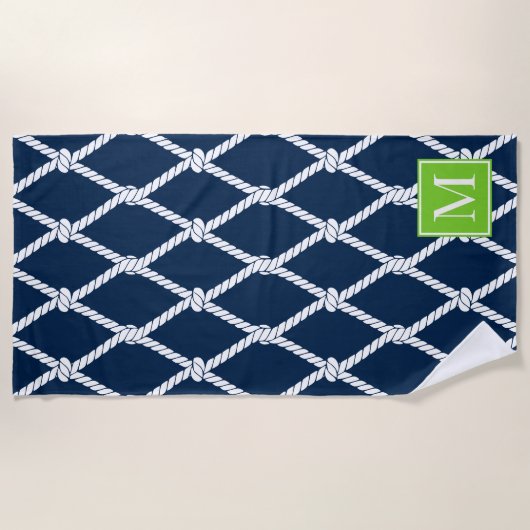 Coastal Preppy Nautical Monogram – Navy & Lime Strandlaken (Voorkant)