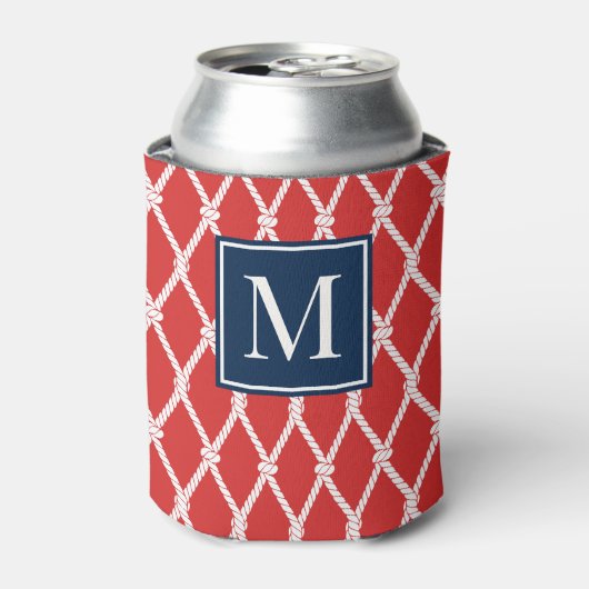 Coastal Preppy Nautical Monogram - Red & Navy Blikjeskoeler (Blikje Voorkant)