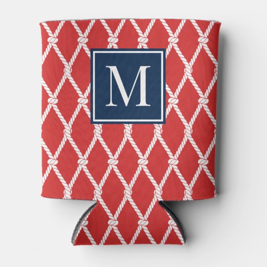 Coastal Preppy Nautical Monogram - Red & Navy Blikjeskoeler (Voorkant)