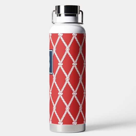 Coastal Preppy Nautical Monogram - Red & Navy Waterfles (Achterkant)