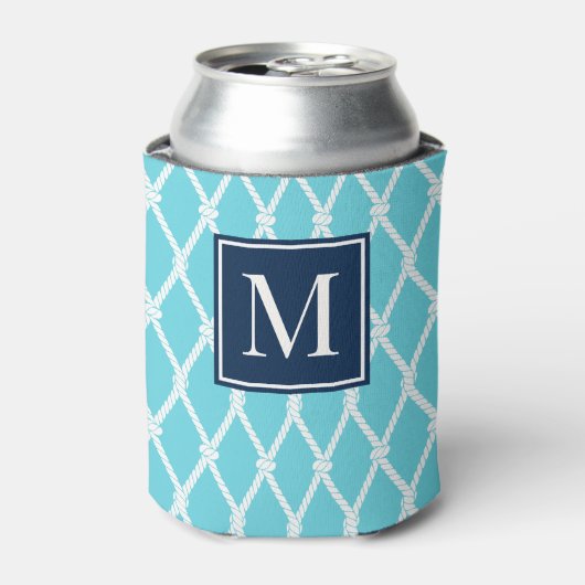 Coastal Preppy Nautical Monogram Turquoise & Navy Blikjeskoeler (Blikje Voorkant)