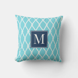 Coastal Preppy Nautical Monogram Turquoise & Navy Buitenkussen
