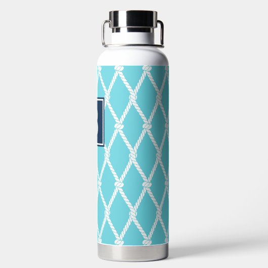 Coastal Preppy Nautical Monogram  Turquoise & Navy Waterfles (Achterkant)