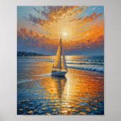 Coastal Radiant Sunset Zeilboot Olieverfmuur Poster (Voorkant)