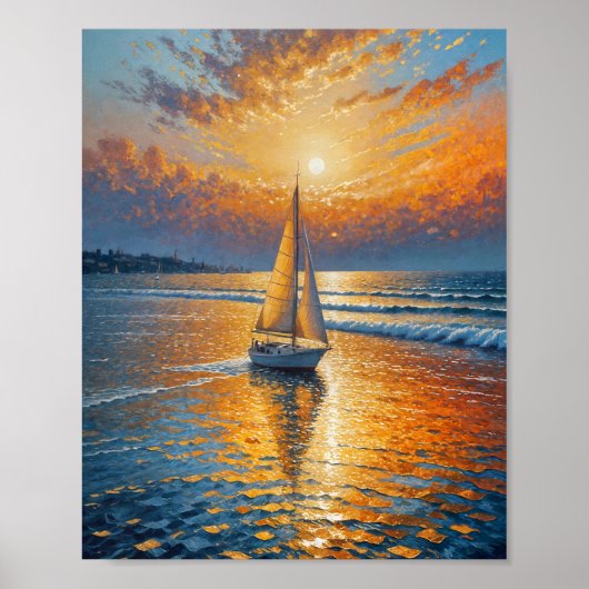 Coastal Radiant Sunset Zeilboot Olieverfmuur Poster (Voorkant)