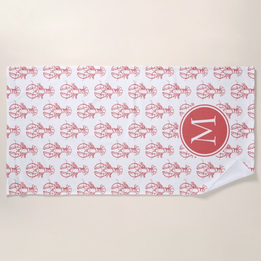 Coastal Red Lobsters op White Monogram Strandlaken (Voorkant)