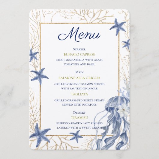 Coastal Rehearsal Dinner Wedding Menu Card (Voorkant)