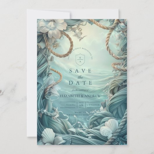 Coastal Rope Botanical Ocean Wedding Save The Date (Voorkant)
