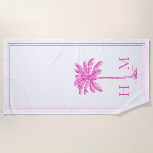Coastal Roze en Witte Palmetto Palm Tree Monogram Strandlaken (Voorkant)