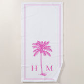 Coastal Roze en Witte Palmetto Palm Tree Monogram Strandlaken (Voorkant)