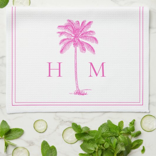 Coastal roze en witte palmetto palmmonogram theedoek (Gevouwen)