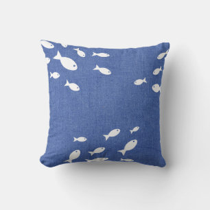 Coastal Rustic Blue Faux Burlap & White Fish Kussen