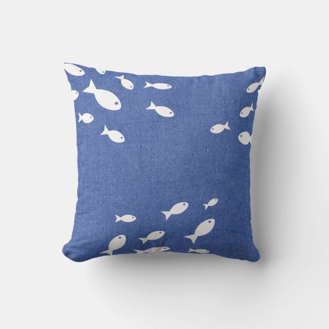 Coastal Rustic Blue Faux Burlap & White Fish Kussen (Voorkant)