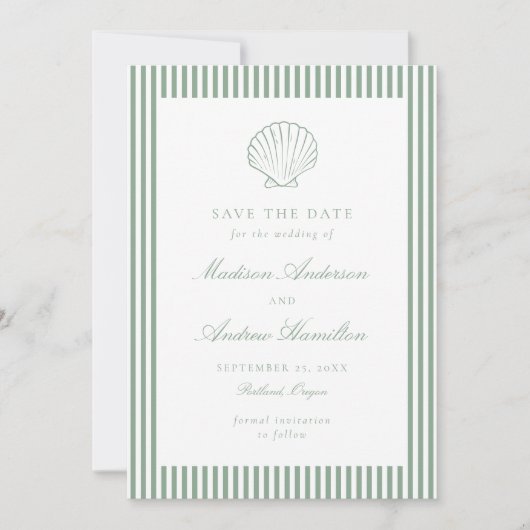 Coastal Sage Stripe Shell Wedding Save the Date (Voorkant)
