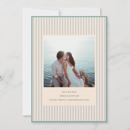 Coastal Sage Stripes Photo Stylish Trendy Wedding Save The Date (Voorkant)