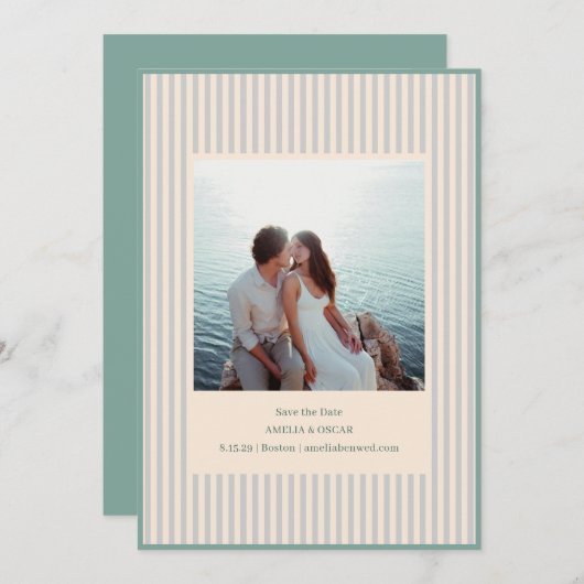 Coastal Sage Stripes Photo Stylish Trendy Wedding Save The Date (Voorkant / Achterkant)