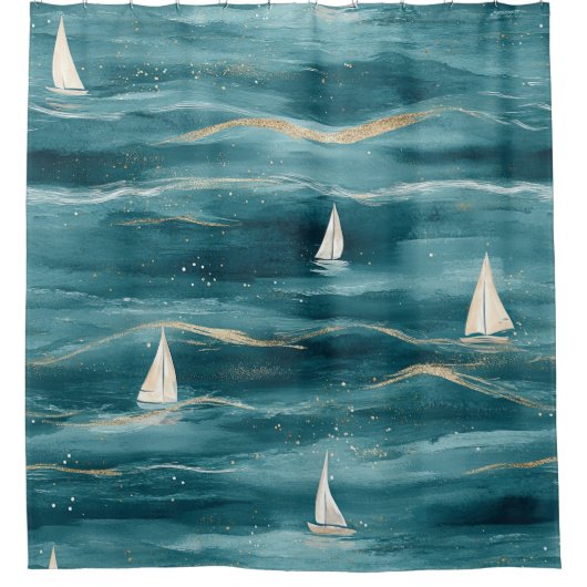 Coastal Sailboat Waves Nautical Pattern (3) Douchegordijn (Voorkant)