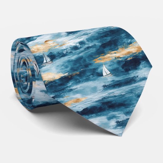 Coastal Sailboat Waves Nautical Pattern (4) Stropdas (Opgerold)