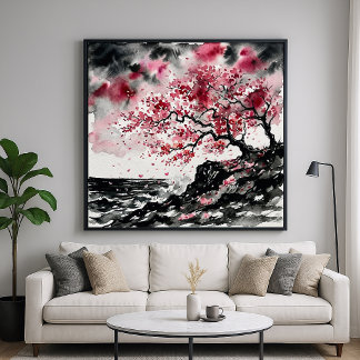 Coastal Sakura - Watercolor Style Cherry Blossoms Poster